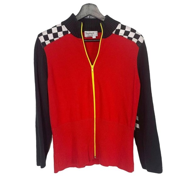 Vintage 90s Checkered Elbow Zip Up Racer Knit Sweater Large